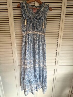 Blue Floral Maxi Dress with Tassel V-Neck